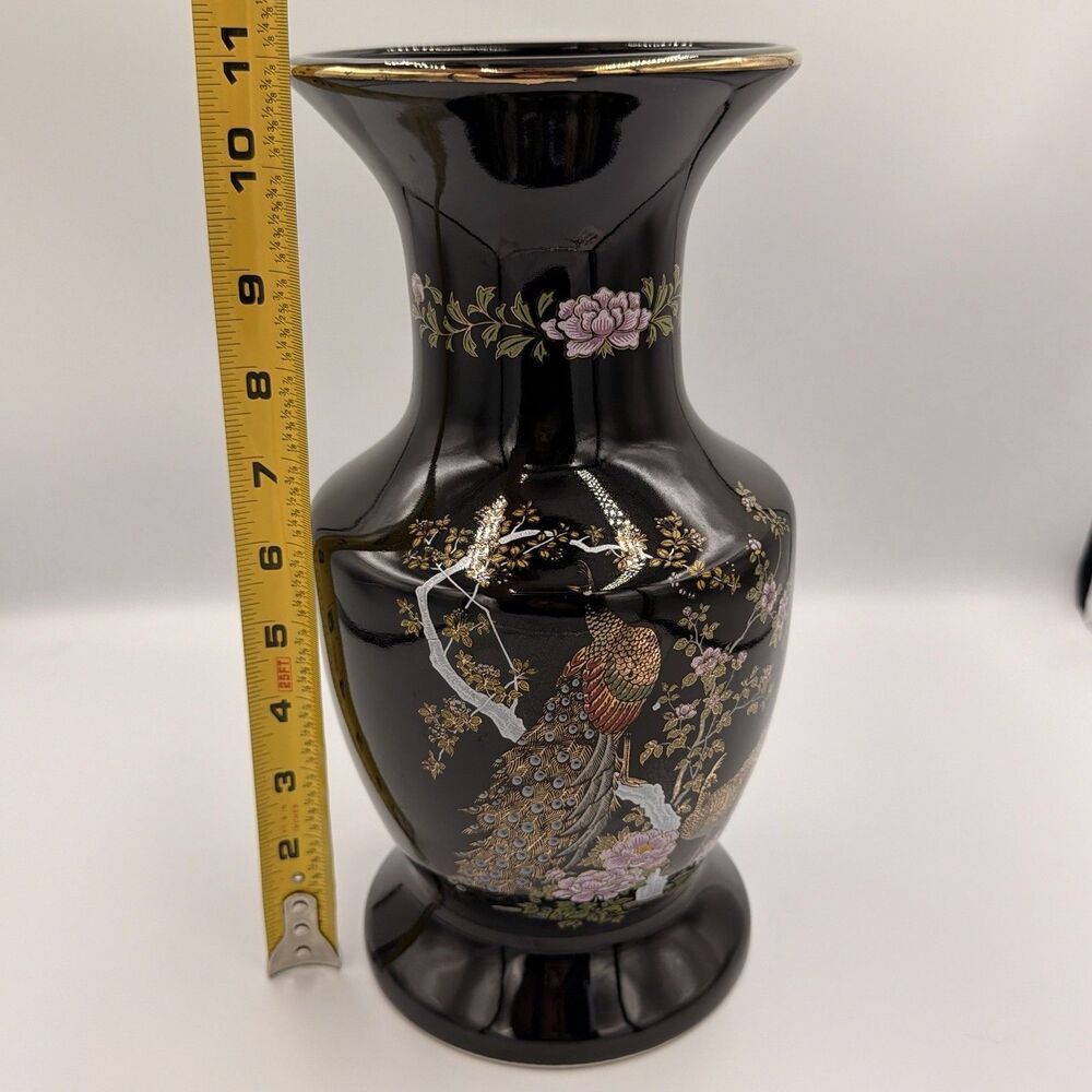 Vintage Japanese Black Peacock Floral Vase 11” Gold Trim Hand Decorated Japan - Picture 11 of 14